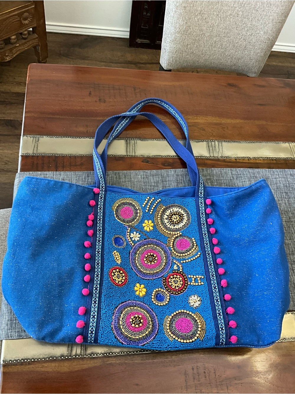 America and Beyond Blue Beaded Tote Bag with Pink Pom Trim